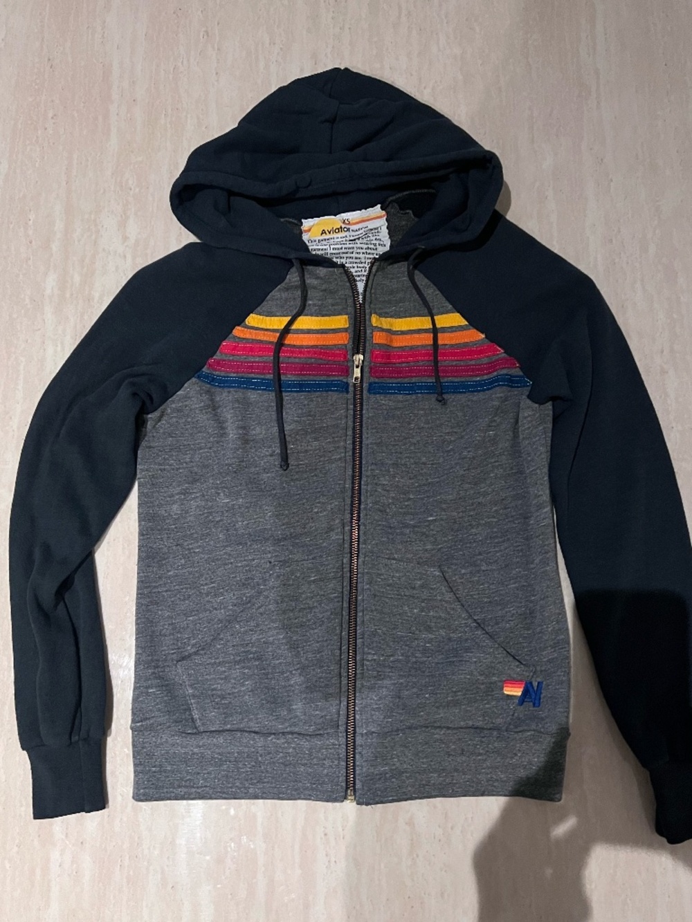 Aviator Nation Rainbow Stripe Raglan Full Zip Hoodie Sweatshirt XS